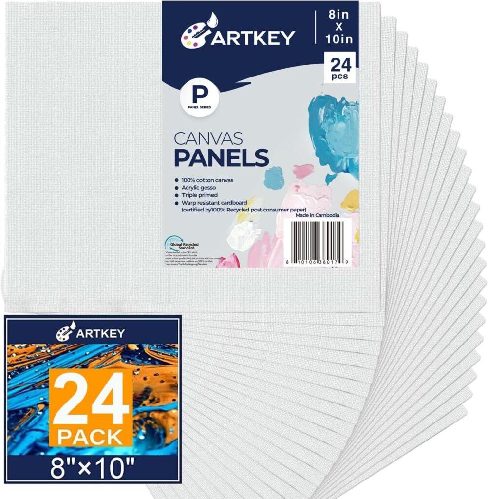 Artkey Canvases for Painting 8x10 Inch 12-Pack, 10 oz Primed 100% Cotton White Blank Canvas Boards for Painting, Art Supplies Paint Canvas Panels for Acrylic Oil Watercolor Tempera Paints