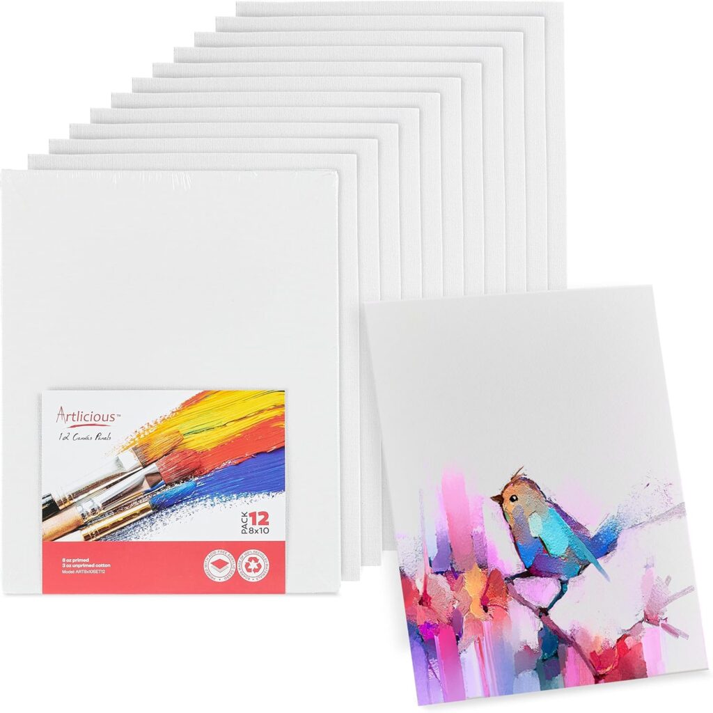 Artlicious Canvases for Painting - Pack of 12, 8 x 10 Inch Blank White Canvas Boards - 100% Cotton Art Panels for Oil, Acrylic  Watercolor Paint