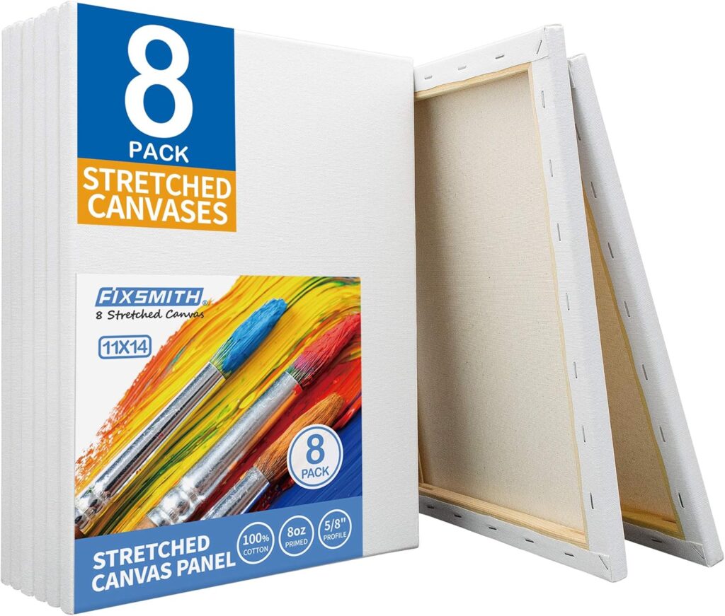 FIXSMITH Stretched White Blank Canvas - 11x14 Inch, 8 Pack, Primed,100% Cotton,5/8 Inch Profile of Super Value Pack for Acrylics,Oils  Other Painting Media