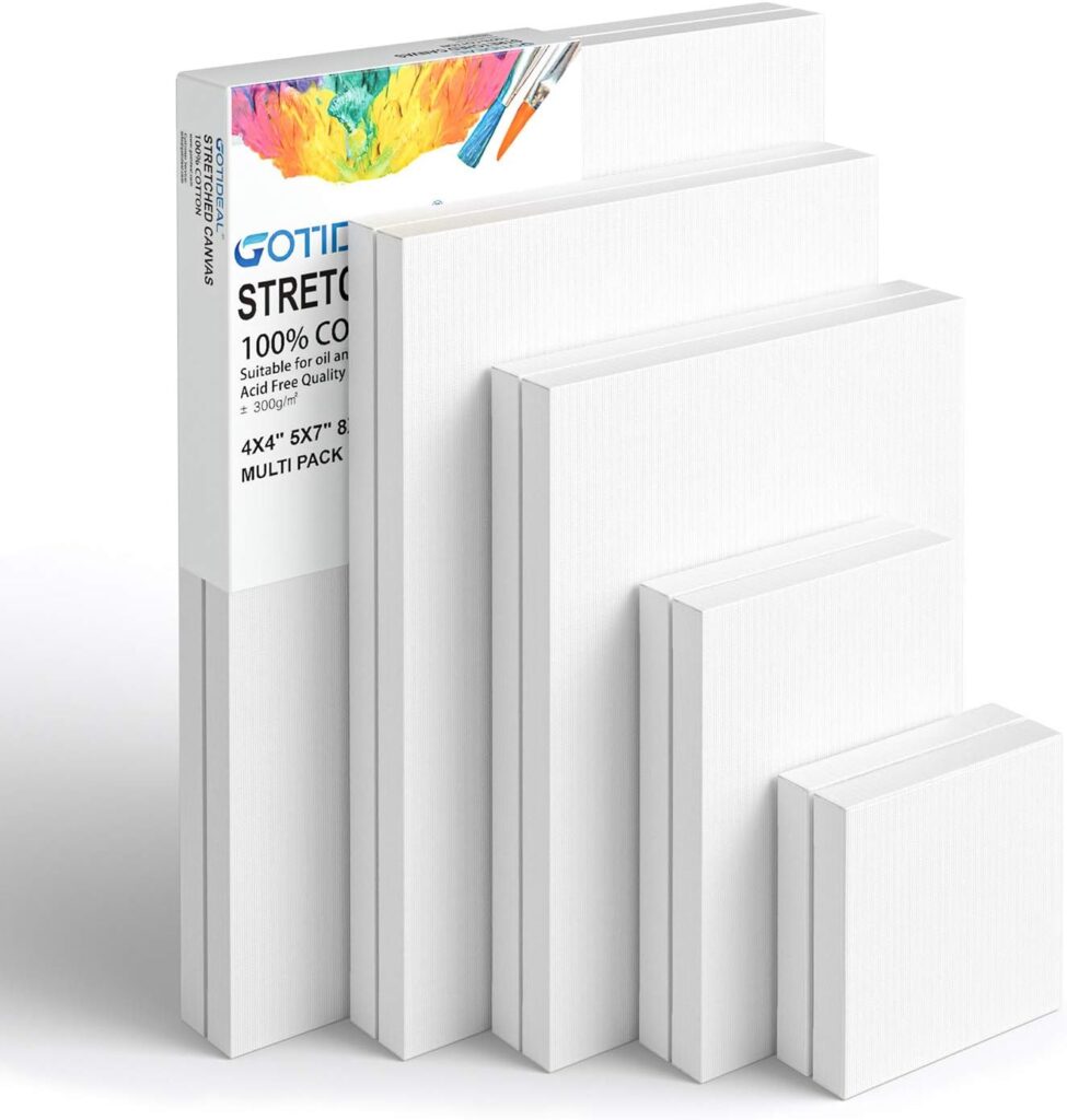 GOTIDEAL Stretched Canvas, Multi Pack 4x4, 5x7, 8x10,9x12, 11x14 Set of 10, Primed White - 100% Cotton Artist Canvas Boards for Painting, Acrylic Pouring, Oil Paint Dry  Wet Art Media