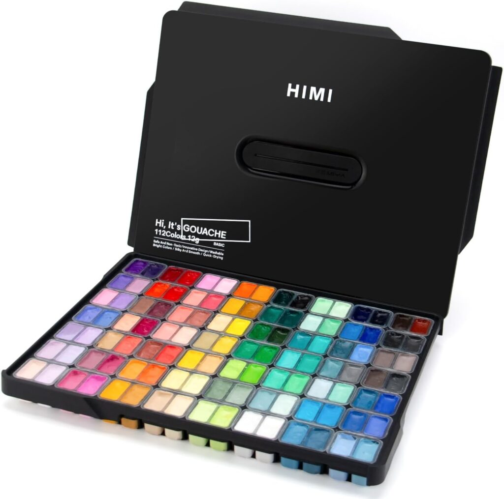 HIMI Gouache Paint Set, 112 Colors x 12g Twin Jelly Cup Design in a Carrying Case, Non-Toxic Gouache Paint for Canvas and Paper, Perfect for Artists, Student, Gouache Opaque Watercolor Painting(Black)