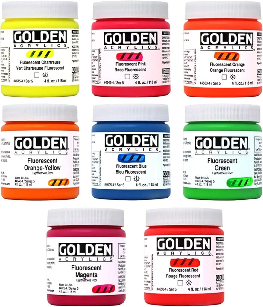 Golden Fluorescent Acrylic Colors Set | 4 Oz Heavy Body Acrylic paint | Complete Set of 8 Fluorescent Colors