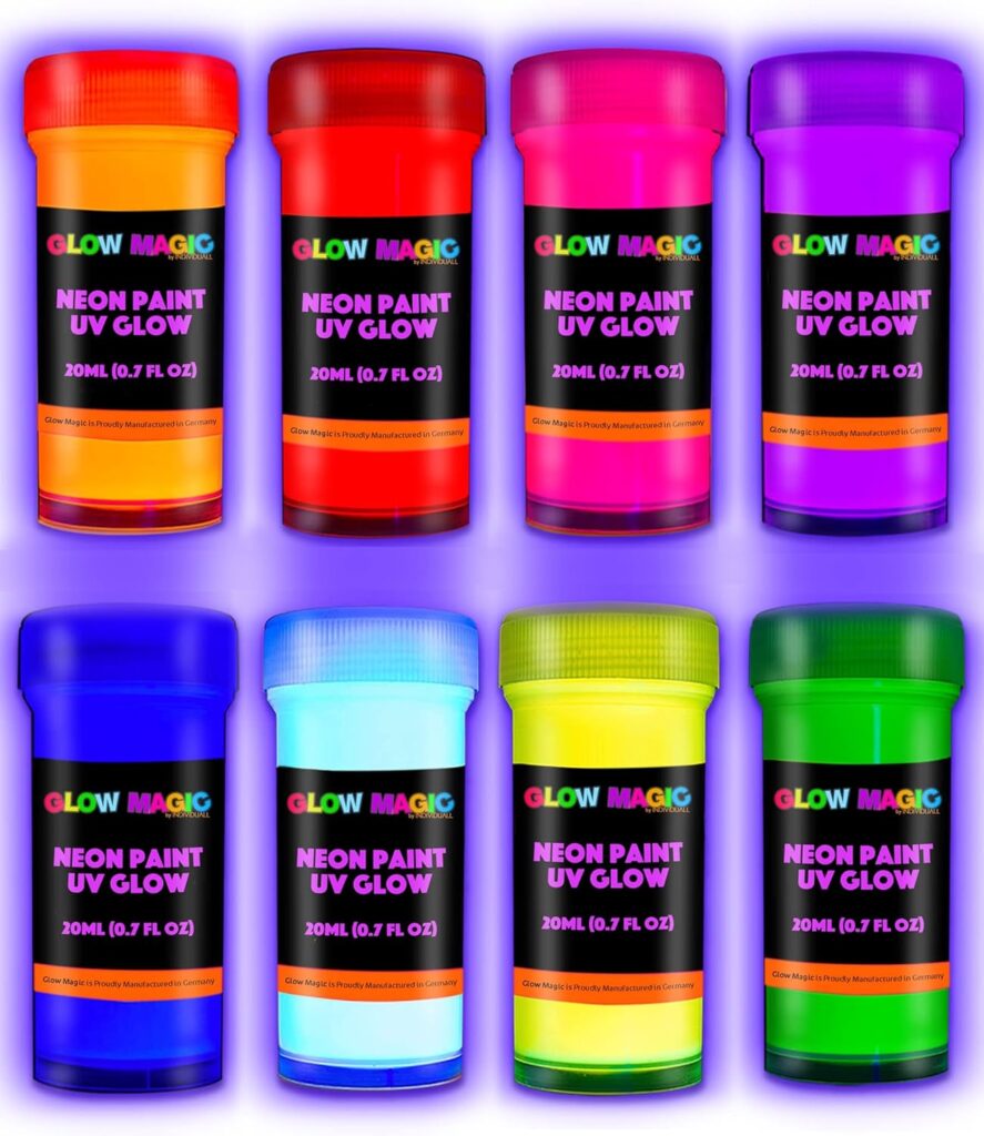 individuall Glow in the Dark Paint - Set of 8, 20 mL Reflective Acrylic Paints for Outdoor and Indoor Use on Canvas, Walls and Ornament Painting - Blacklight Activated, Easter Egg Painting Decoration