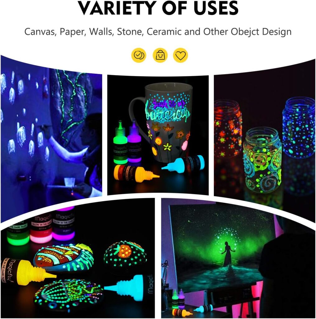 Magicfly Acrylic Glow in The Dark Paint, 10 Bright Colours Liquid Luminous Paint, Neon Paints Glow in Dark for Painting, Halloween Decoration, DIY Crafts, 20 ml Each