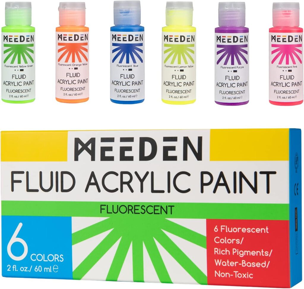 MEEDEN Fluorescent Acrylic Paint Set: 6 Colors Acrylic Paint Bottles 2oz / 60ml - Glow in Dark Fluid Non-Toxic - Art Paints for Canvas Crafts Wood