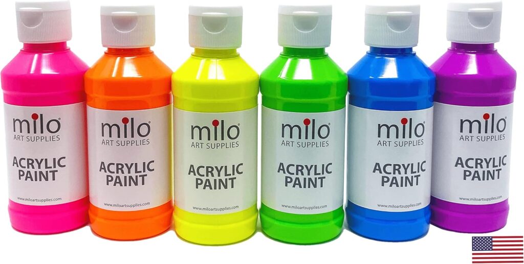 milo Fluorescent Acrylic Paint Set of 6 Colors | 4 oz Bottles | Student Neon Colors Acrylics Painting Pack | Made in the USA | Non-Toxic Art  Craft Paints for Artists, Kids,  Hobby Painters