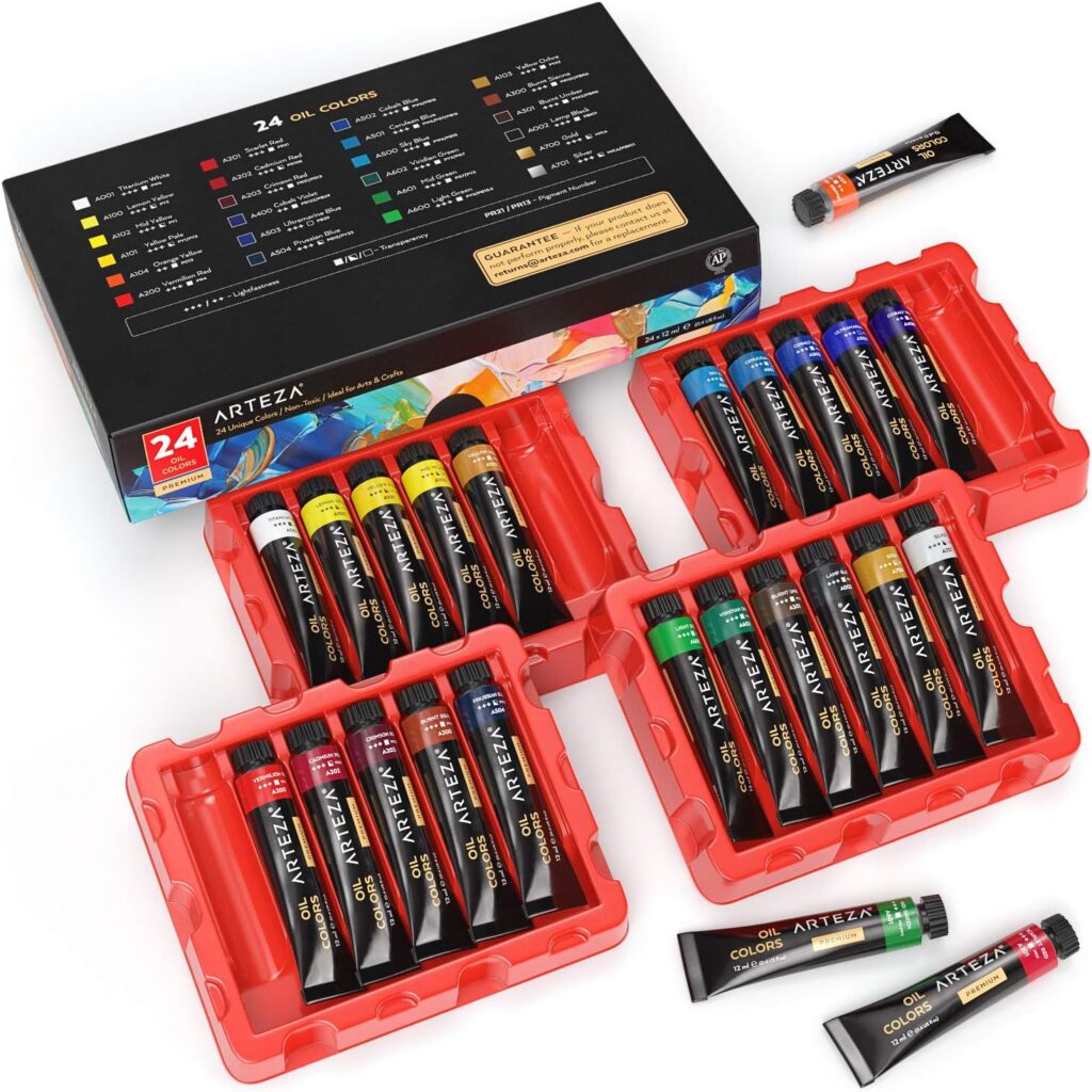 ARTEZA Oil Paint Set – 24 Multicolor Tubes (0.4 Fluid Ounces Each), Vibrant Oil-Based Paints for Canvas  Art Projects