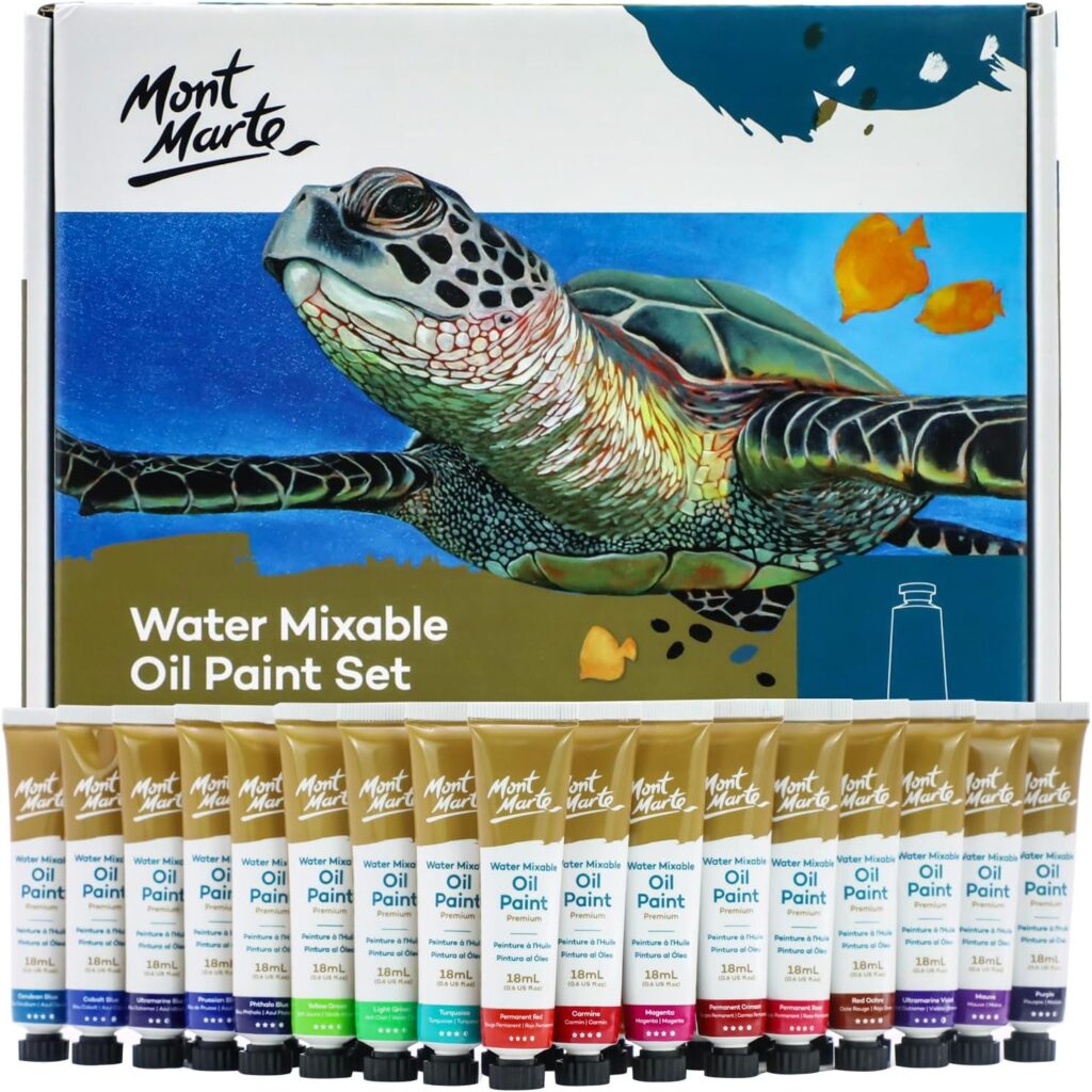 Mont Marte Premium H2O Water Mixable Oil Paint Set, 36 Piece, 18ml Tubes. Mixable with a Range of Mediums. Easily Washes Up with Water.