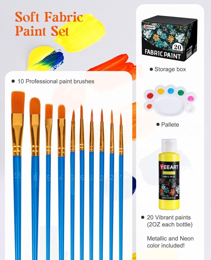 Fabric Paint, Yeeart 20 Colors Permanent Soft Fabric Paint Set for Clothes in Bottles (60ml/2oz) with 10 Brushes, Palette, Non-Toxic Textile Paint Art Supplies for Clothes, Canvas, T-Shirts, Jeans, Bags  Art Crafts
