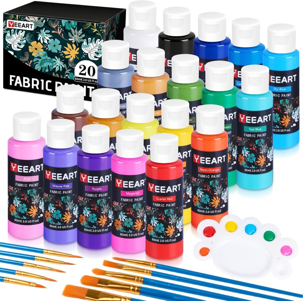 Fabric Paint, Yeeart 20 Colors Permanent Soft Fabric Paint Set for Clothes in Bottles (60ml/2oz) with 10 Brushes, Palette, Non-Toxic Textile Paint Art Supplies for Clothes, Canvas, T-Shirts, Jeans, Bags  Art Crafts