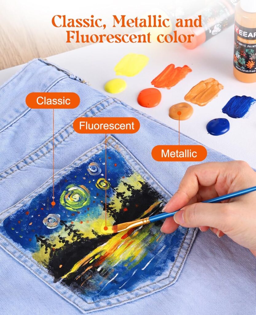Fabric Paint, Yeeart 20 Colors Permanent Soft Fabric Paint Set for Clothes in Bottles (60ml/2oz) with 10 Brushes, Palette, Non-Toxic Textile Paint Art Supplies for Clothes, Canvas, T-Shirts, Jeans, Bags  Art Crafts