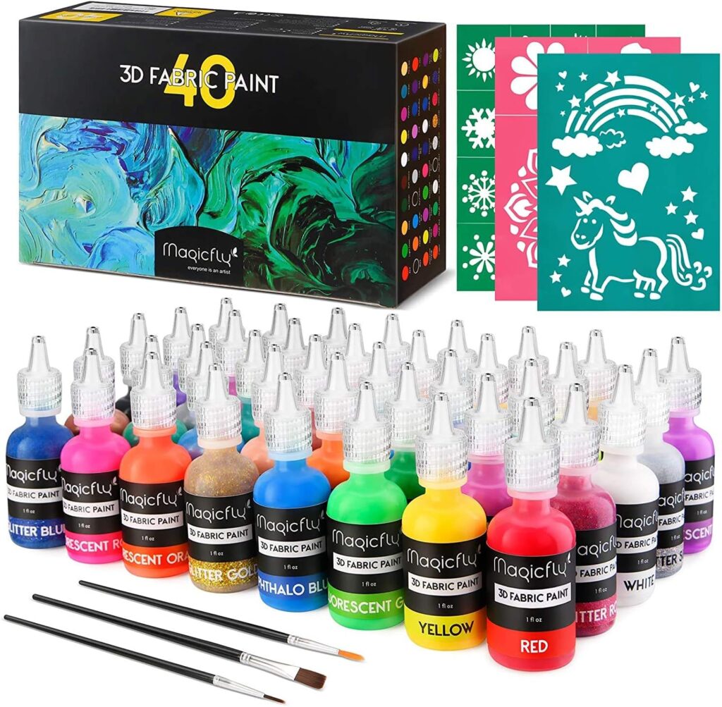 Magicfly 3D Fabric Permanent Paint 40 Color, Fabric Paint with Vibrant Colors, 3 Bonus Brushes  Stencils, Ideal for Textile T-Shirts Fabrics Canvas Glass Wood (5 Color Type  1 oz Each)