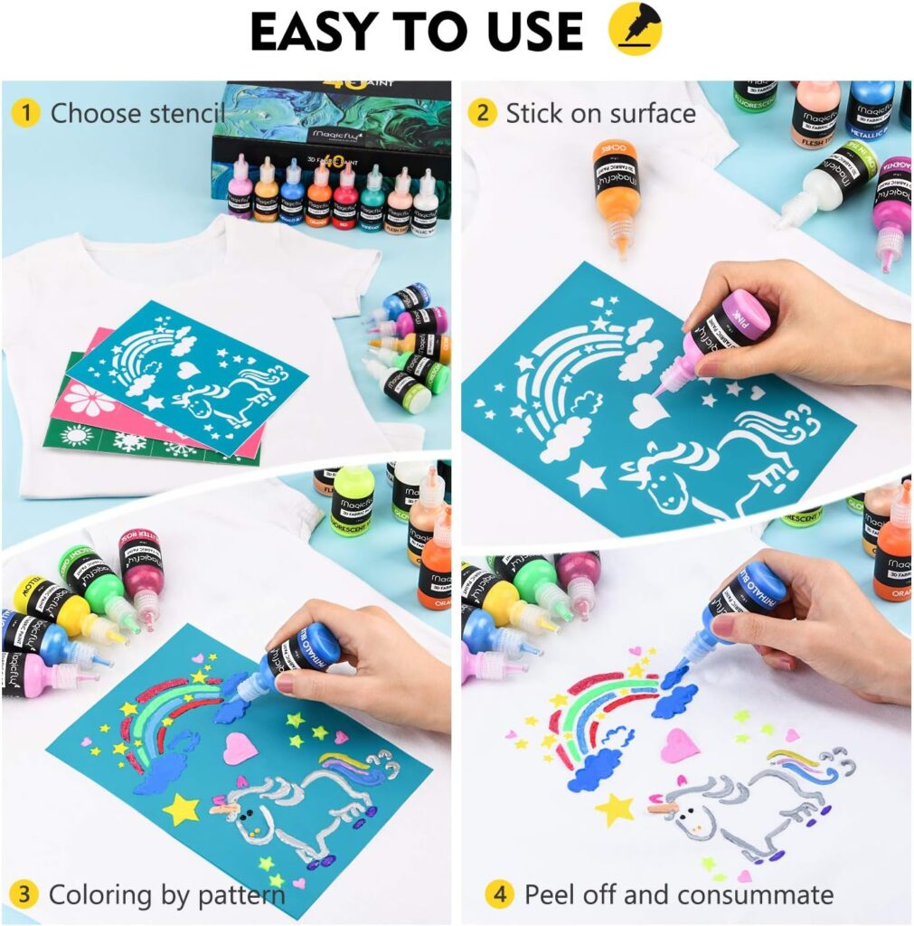 Magicfly 3D Fabric Permanent Paint 40 Color, Fabric Paint with Vibrant Colors, 3 Bonus Brushes  Stencils, Ideal for Textile T-Shirts Fabrics Canvas Glass Wood (5 Color Type  1 oz Each)