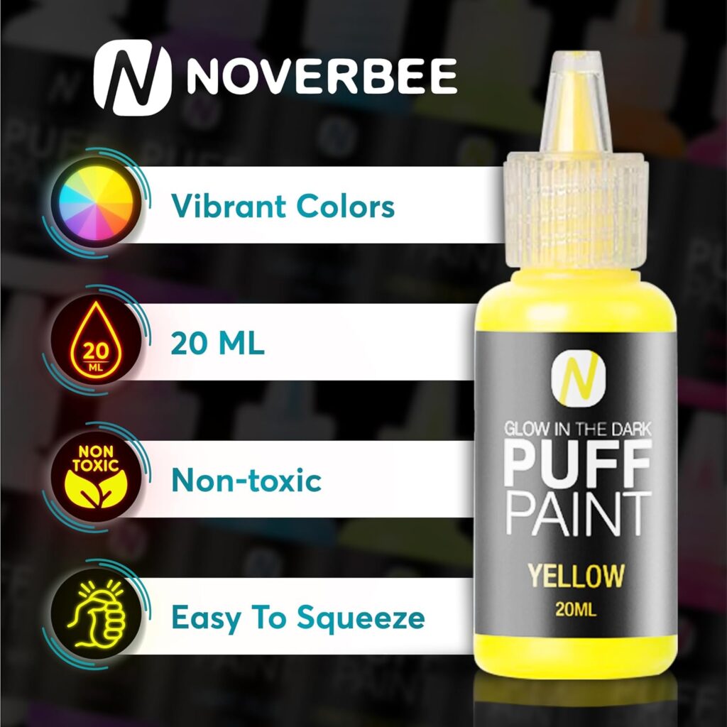 Novarbee- Fabric Paint, 12 Colors Puff Paint, 0.67 Oz, Fabric Paint For Clothes, 3d Puff Pens, Puff Paint For Crafts, Canvas, Glass, Clothing, Wood.