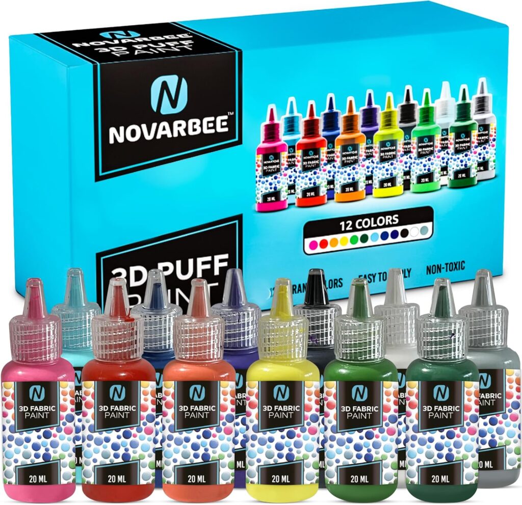 Novarbee- Fabric Paint, 12 Colors Puff Paint, 0.67 Oz, Fabric Paint For Clothes, 3d Puff Pens, Puff Paint For Crafts, Canvas, Glass, Clothing, Wood.