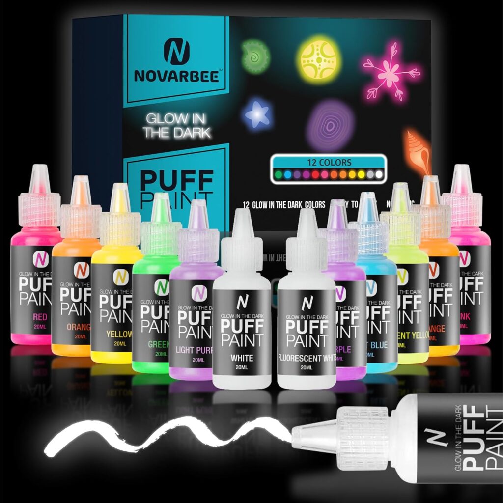 Novarbee- Fabric Paint, 12 Colors Puff Paint, 0.67 Oz, Fabric Paint For Clothes, 3d Puff Pens, Puff Paint For Crafts, Canvas, Glass, Clothing, Wood.