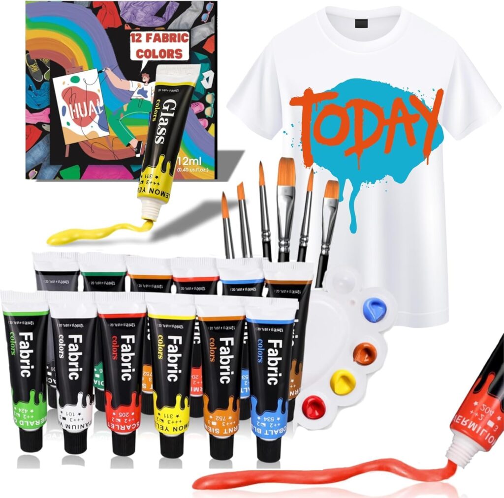 Pangu Fabric Paint Set – 12 Permanent Acrylic Colors with 6 Brushes  Palette – Non-Toxic, Quick-Drying Textile Paint for Clothes, Shoes, Canvas – Safe for Adults  Kids