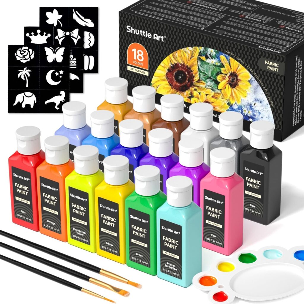 Shuttle Art Fabric Paint, 18 Colors Permanent Soft Fabric Paint in Bottles (60ml/2oz) with Brushes, Palette, Stencils, Non-Toxic Textile Paint for T-Shirts, Shoes, Jeans, Bags, DIY ProjectsArt