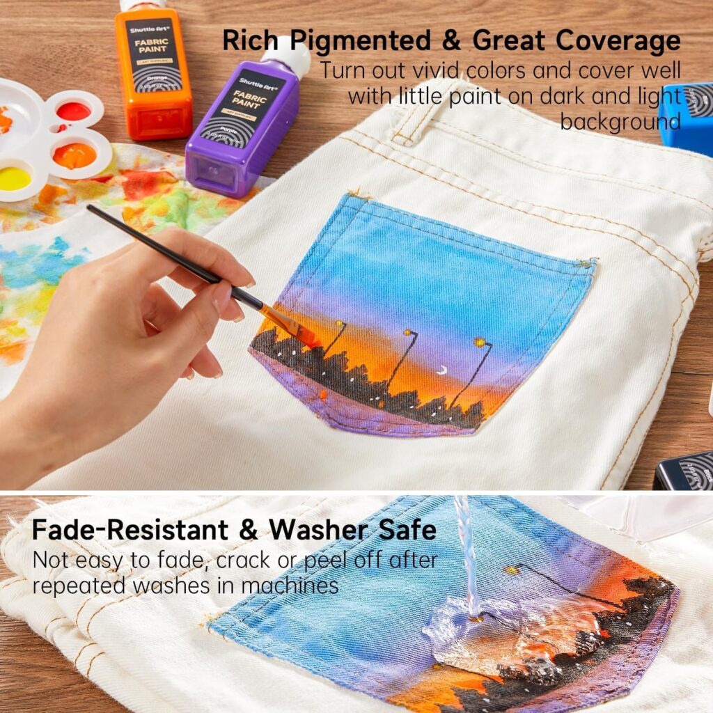 Shuttle Art Fabric Paint, 18 Colors Permanent Soft Fabric Paint in Bottles (60ml/2oz) with Brushes, Palette, Stencils, Non-Toxic Textile Paint for T-Shirts, Shoes, Jeans, Bags, DIY ProjectsArt