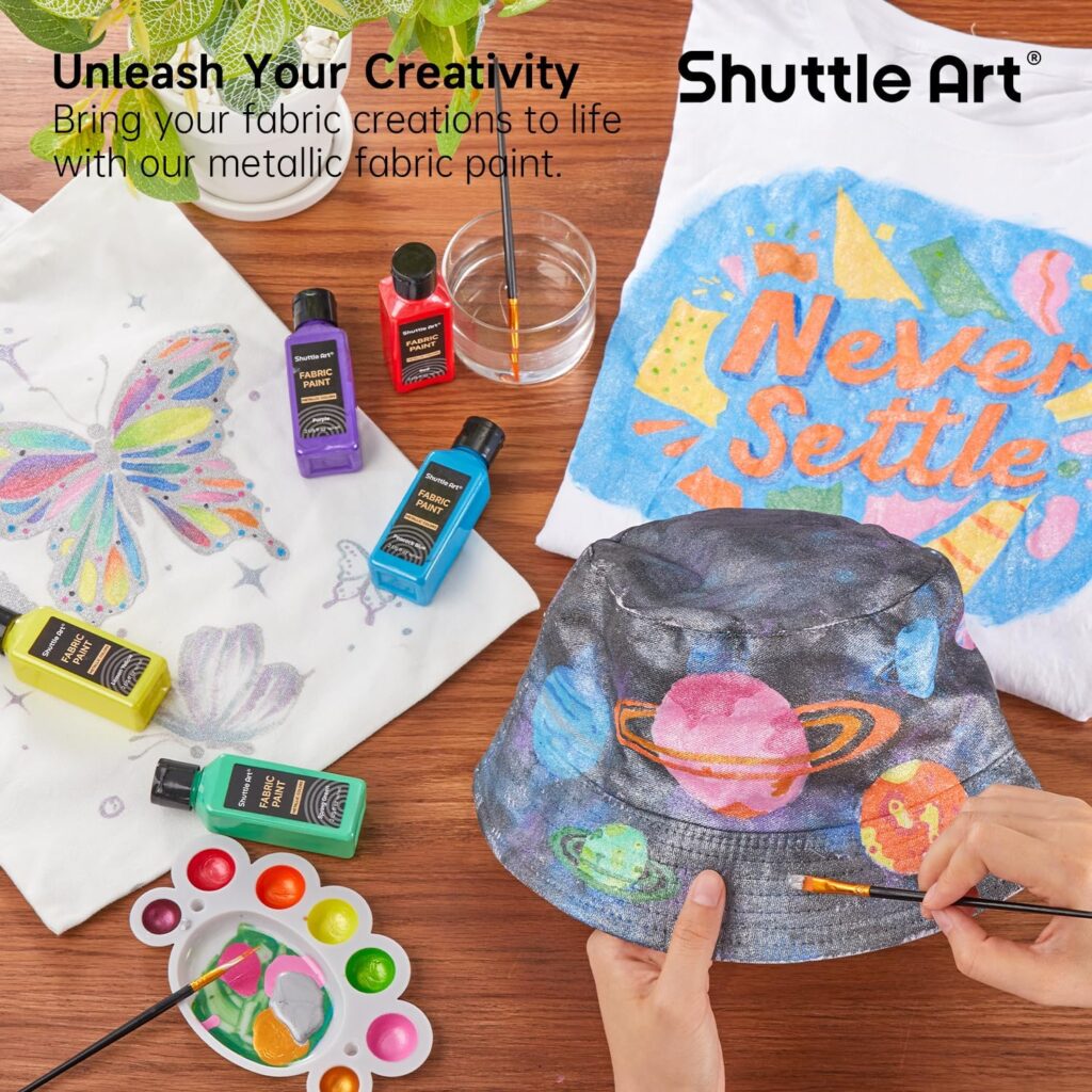 Shuttle Art Fabric Paint, 18 Colors Permanent Soft Fabric Paint in Bottles (60ml/2oz) with Brushes, Palette, Stencils, Non-Toxic Textile Paint for T-Shirts, Shoes, Jeans, Bags, DIY ProjectsArt
