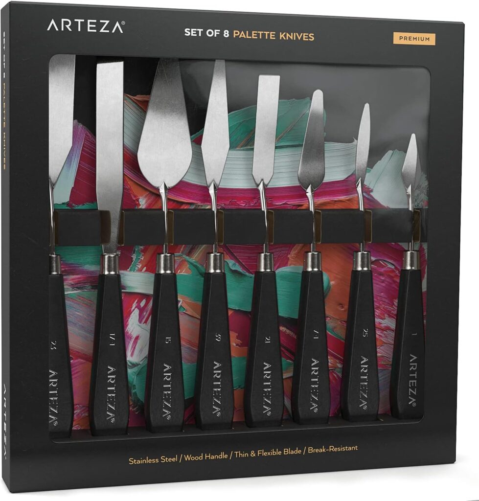 Arteza Palette Knives 8-Pack, Sizes No. 1, 25, 7, 15, 39, 23, 17, 21, Durable Stainless Steel Blade  Break-Resistant Wooden Handle, Art Supplies for Oil  Acrylic Painting
