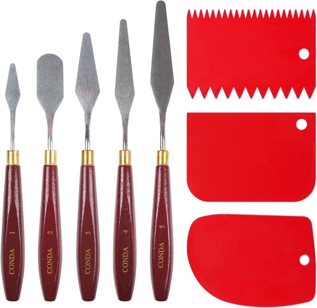 CONDA Palette Knife Painting Stainless Steel Spatula Palette Knife Oil Paint Metal Knives Wood Handle (Red 5 Piece)