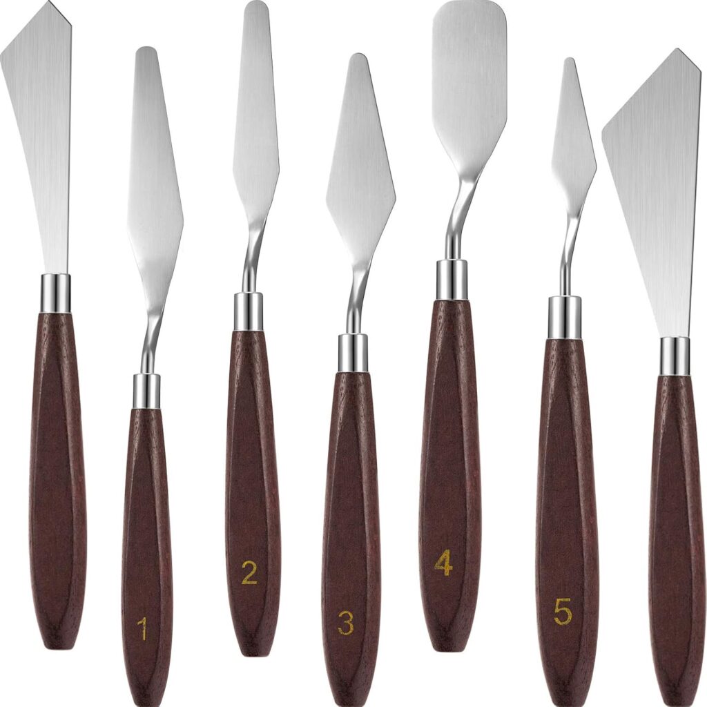 Honoson 7 Pieces Painting Knife Set Spatula Palette Knife Stainless Steel Drawing Scraper Oil Painting Accessories with Wood Handle for Art Acrylic Draw Color Mixing Supplies(Redwood Color)