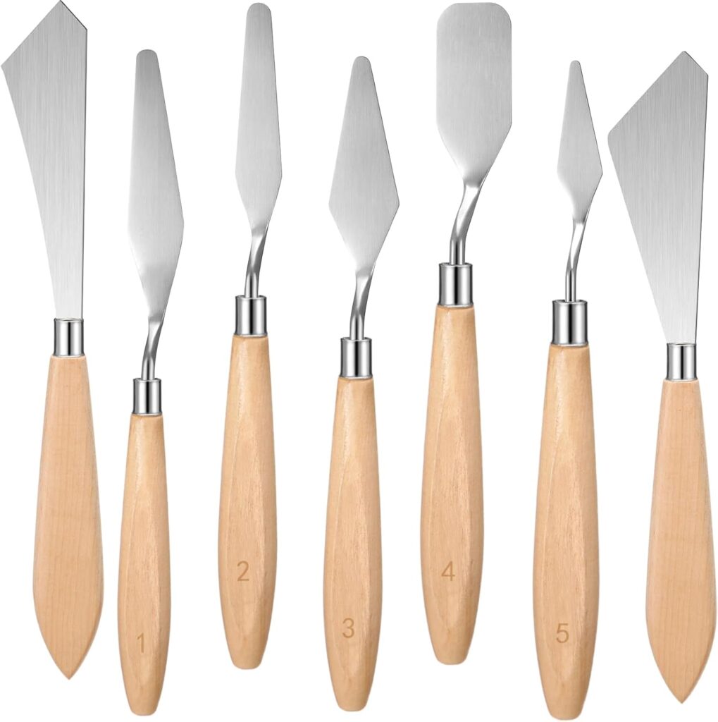 Honoson 7 Pieces Painting Knife Set Spatula Palette Knife Stainless Steel Drawing Scraper Oil Painting Accessories with Wood Handle for Art Acrylic Draw Color Mixing Supplies(Redwood Color)