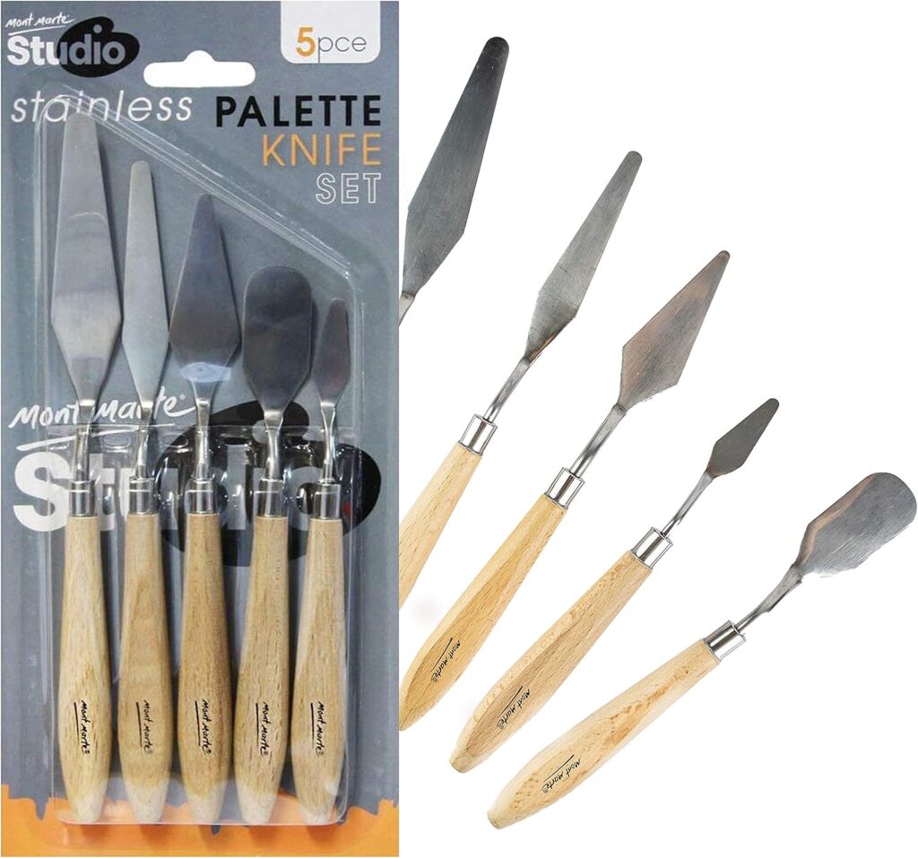 Mont Marte Studio Palette Knife Set, 5 Piece. Selection of Different Sizes and Styles of Stainless Steel Palette Knives.